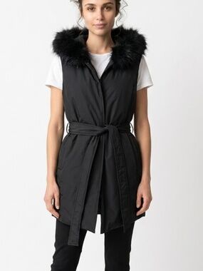 B-SHARP • NWT Classy Carol Faux Fur Belted Long Vest Black Medium